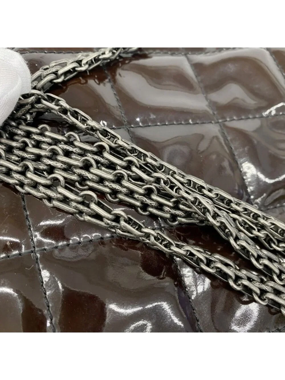Chanel Chain Tote 2.55 Quilted Patent Leather Dark Brown Silver